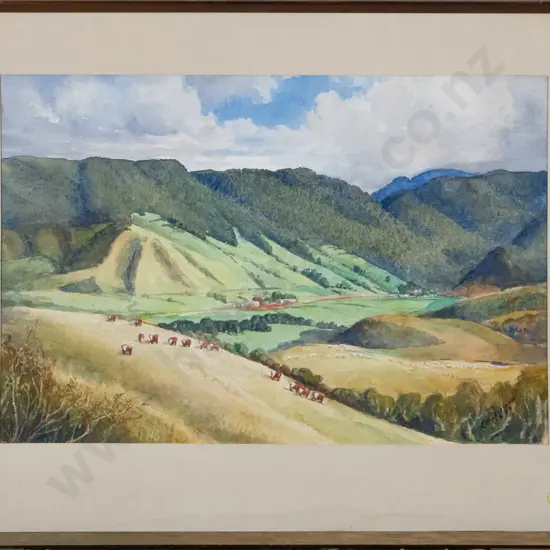 Edna Peterson - framed watercolour - Kahuika Valley H-350 W-530  (staining to mat)