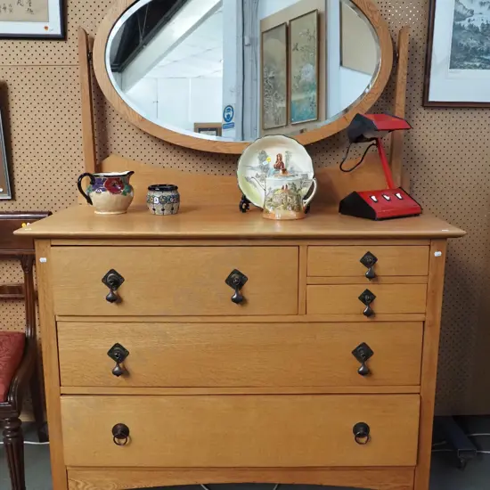 deco light oak 5-drawer dressing table with oval tilt mirror, on casters, one handle replaced H1710 W1140 D550