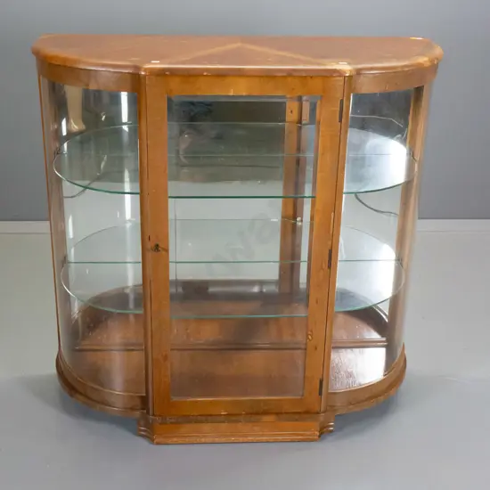 deco mahogany bow-front china cabinet with quartered top, 2 glass shelves, door w/key, polish needs work H990 W980 D370