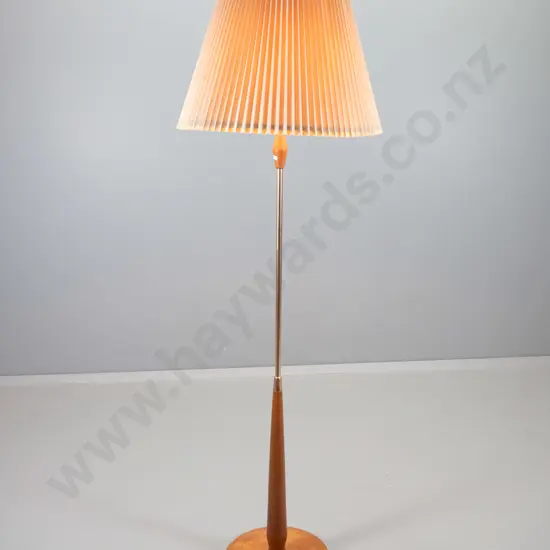 mid-century mahogany and copper finish metal floor lamp, with pleated shade H1680 Shade D-540