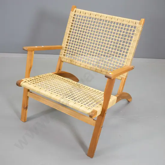 retro timber framed lounge chair with plastic woven cane seat and back H720  W620 D800