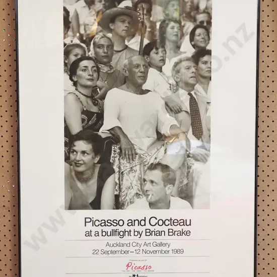 framed Auckland City Art Gallery promotional poster - Picasso and Cocteau at a bullfight by Brian Brake H-840 W-590
