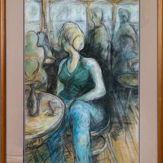 framed pastel - woman at table (mat needs attention) H-590 W-400